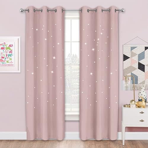 NICETOWN Blackout Curtains for Girls Bedroom, 42 x 84 Inches Star Cut-Out Kids Window Curtains 2 Panel Sets, Room Darkening Grommet Thermal Insulated Nursery Drapes, Light Pink