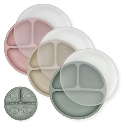 Suction Plates with Lids for Babies & Toddlers - 100% Food-Grade Silicone - Microwave & Dishwasher Safe - Divided Dinnerware for Picky Eaters That Stays Put - Set of 3 (Sage)