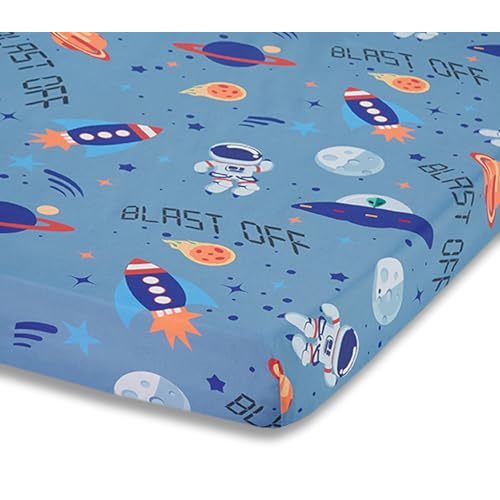 Baby Boy Fitted Crib Sheet Outerspace Adventures, 100% Soft Breathable Microfiber Baby Sheet, Fits Standard Size Crib Mattress 28in x 52in, Nursery Sheet