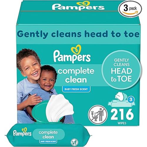 Pampers Baby Wipes, Complete Clean Baby Fresh Scented Wipe, Gently Cleans Head to Toe, 216 Total (3 Flip-Top Packs)