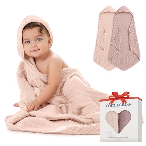 Comfy Cubs Hooded Baby Towel 2-Pack, Large 32 x 32 Inch - 6 Layer 100% Muslin Cotton for Babies, Toddlers, Kids - Soft & Absorbent Baby Bath Towels - Unisex Design for Bath Time, Mauve and Blush