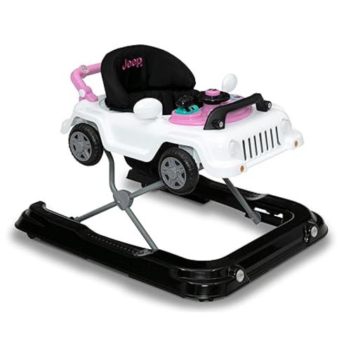 Jeep Classic Wrangler 3-in-1 Grow with Me Activity Walker - Features Music, Lights, Removable Play Tray, Push Walker Mode, Converts into Rolling Car Toy, White/Pink