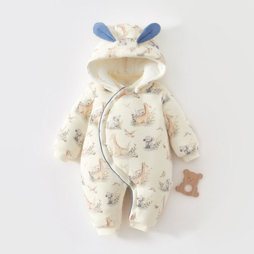 Baby Animal Fleece Lined Quilted Hooded Romper