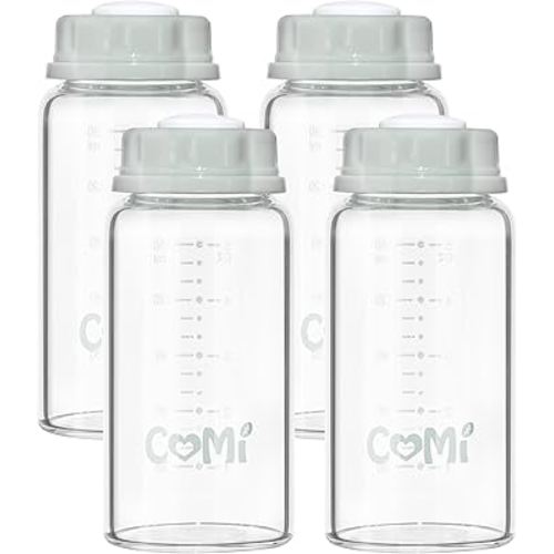 COMI Natural Glass Baby Bottle,Standard Neck Breastmilk Storage Bottle for Fridge,Breast Milk Container,Breast Pump Bottle Compatible with Medela Breast Pump,BPA Free,4PCS(5.1oz,4 Gray Lids)