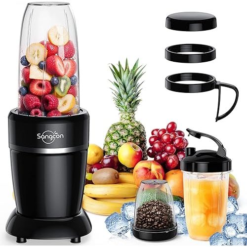 Sangcon 1000W Smoothie Blender for Kitchen, Blenders for Smoothies with (3) Cups (2) Spout Covers (1) Storage Cap (1) To-Go Cap, Portable Blender for Shakes, Ice Crushing, Frozen Drinks, Spices