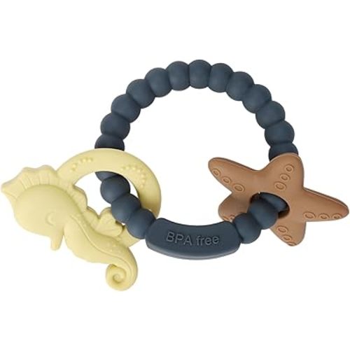 Eoopoon Silicone Teething Ring Toy, Baby Teether Toys with Rattles, BPA Free Sensory Chew Toys for Babies 3-6-12 Months to Soothe Sore Gums, Great Shower, Christmas Gift(Dark Grey 2)