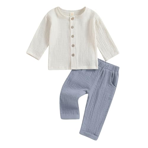Thorn Tree Toddler Boys Girls Fall Outfits Long Sleeve Button Down Shirt Elastic Waist Pants 2Pcs Little Kids Clothes Set
