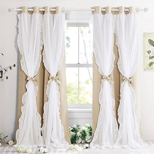 PONY DANCE Girls Curtains for Bedroom Decorative Drapes for Kids Double Layer Curtain Ruffle Sheer Overlay Room Darkening Pretty Chic Princess, 52x84 inch, Biscotti Beige, 2 PCs
