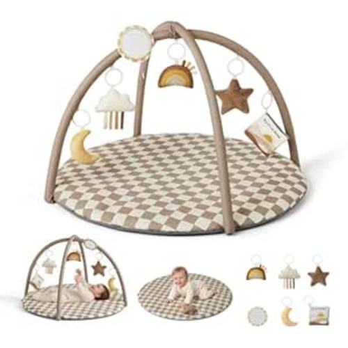 Blissful Diary Baby Play Gym Mat, Play Mat Activity Mat with 6 Detachable Toys for Stage-Based Sensory & Motor Skill Development, Easy to Install & Clean, Baby Essentials Gift, Brown Checkerboard