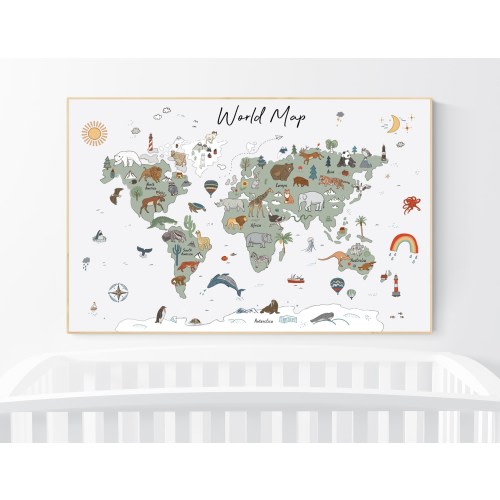 Animal World Map Print: Sage Green Nursery Decor