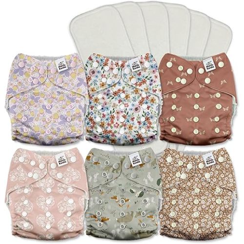 Mama Koala 3.0 Pocket Cloth Diapers for Babies with AWJ Lining, 6 Pack with 6 4-Layer Natural Cloth Diaper Inserts - Reusable and Washable Pocket Diapers (Adorable Animal)