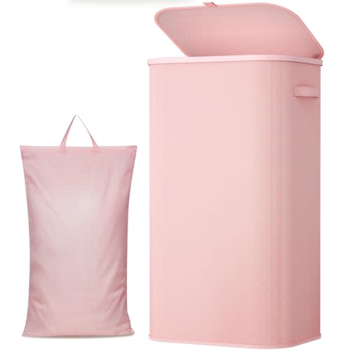 Lifewit 105L Large Laundry Basket with Lid, Laundry Hamper with Plastic Handles and Removable Bag, Foldable Tall Dirty Clothes Hampers for Laundry for Laundry Room, Bedroom, Bathroom, Dorm, Pink