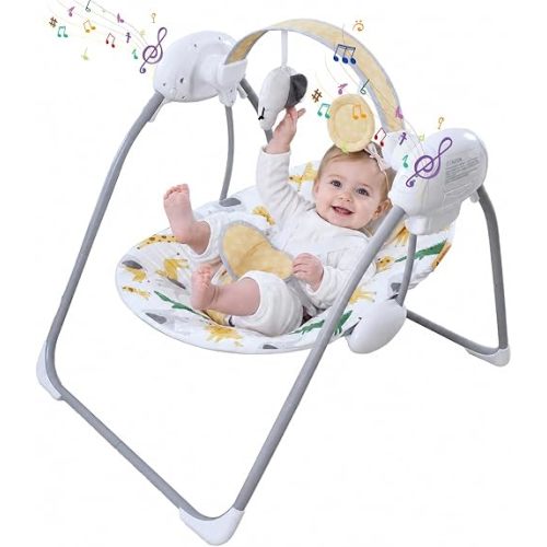 Baby Swing for Infant,Newborn Swing with Music,5 Speed Levels,Timing Setting,Soft Cushion,Foldable Infant Swing with Hanging Elephant Toy & Mirror for Indoor Outdoor Use 0-9 Months