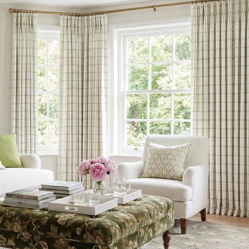 THREE GIRLS Pinch Pleated Plaid Curtains Blackout Linen Gingham Green Curtains for Living Room,Bedroom Checkered 84 Inches Long Double Layer 2 Panels Set Luxury and Modern Printed Design Darkening