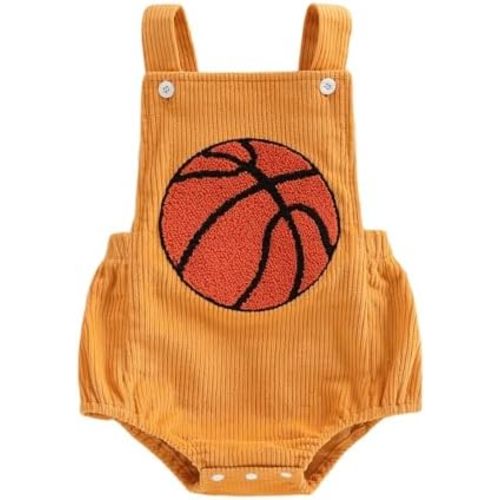 Lamuusaa Newborn Baby Boy Basketball Outfit Sleeveless Basketball Embroidery Romper Corduroy Bodysuit Backless Jumpsuit