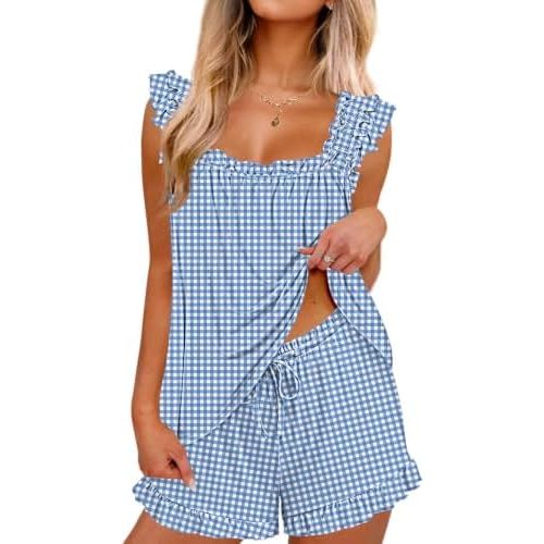 Ekouaer Pajama for Women Set 2 Piece Ruffle Pjs Soft Tank Top and Shorts