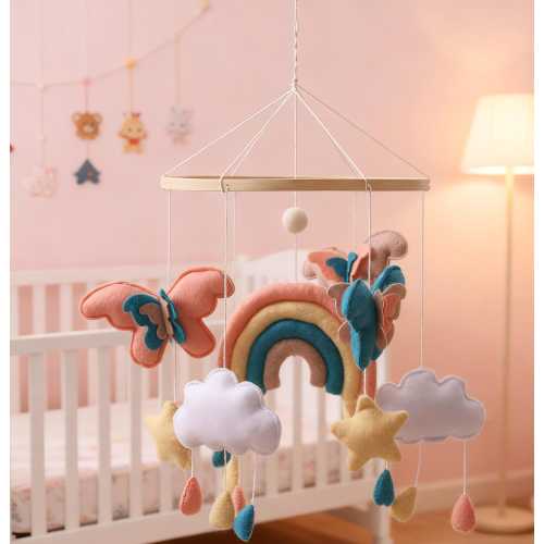 Handmade Boho Rainbow Butterfly Crib Mobile, Neutral Nursery Decor for Boys & Girls,Unique Baby Shower Gift Newborn,  Nursery Hanging Decor