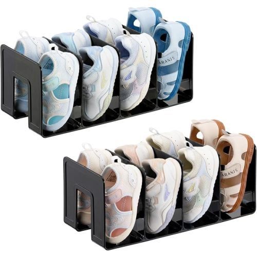 HBlife Black Acrylic Kids Shoe Rack for Closet Organizers and Storage, Small Shoe Rack 4 Sections Toddler Baby Shoe Storage Organizer Stackable Shoe Shelf,Desk File Sorter Book Purse Organizer(2 Pack)