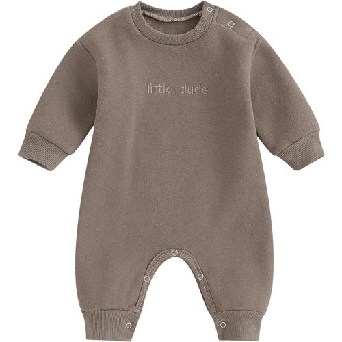 allshope Newborn Baby Boy Fall Outfit Romper Little Dude Embroidery Long Sleeve Jumpsuit Bodysuit Infant Winter Clothes