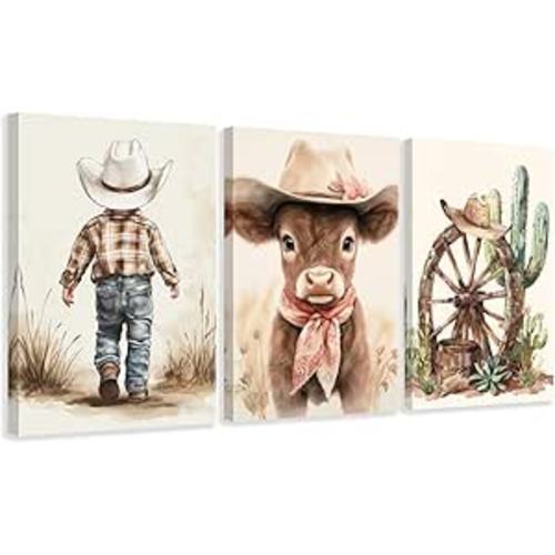 CCWACPP Western Cowboy Wall Art Set of 3 Cowboy Kids Wall Decor Western Themed Prints Beige Picture for Nursery Toddler Children Boy Room Boho Decor Framed (12"x16"x3)