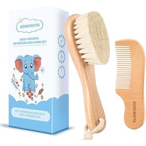 Baby Hair Brush and Comb Set, Wooden Baby Hair brush with Soft Goat Bristle and Wood Comb for Newborn Essentials, Good for Cradle Cap