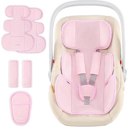 Hooyax Infant Car Seat Insert with Ultra-Thick Head Support - Universal 3-in-1 Baby Car Seat Cushion Set, Dual-Sided Newborn Carseat Insert for Carseat, Stroller, Bouncer, Swing(Pink)