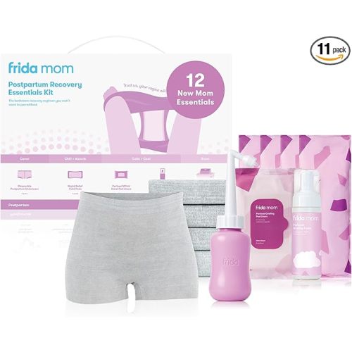 Frida Mom 11pc Postpartum Essentials Kit Gift Set, Hospital Bag Must Haves for New Mom, Includes 4 Disposable Postpartum Underwear, 4 Ice Maxi Pads, Perineal Healing Foam & 24 Pad Liners & Peri Bottle
