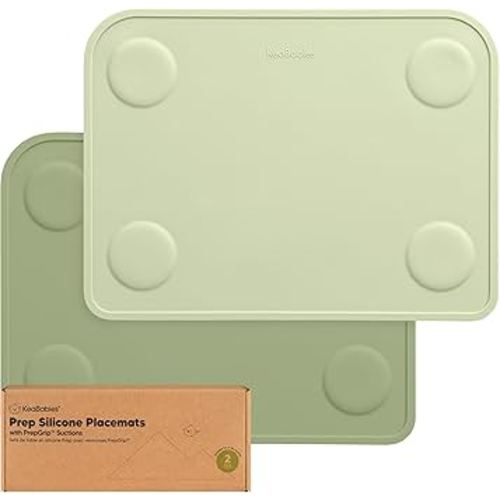 KeaBabies 2-Pack Silicone Placemats for Toddlers - 12x9 Non Slip Suction Baby Silicone Placemat for Kids Eating, Easy to Clean, Busy Travel Baby Mat for Dining Table, Food Grade/BPA-Free (Sage)