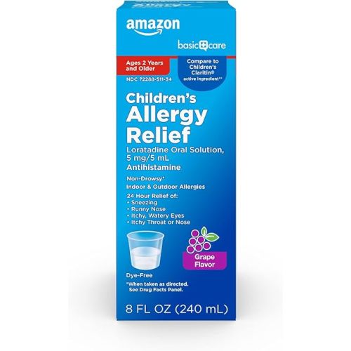 Amazon Basic Care Children’s Allergy Medicine, 24 Hour Loratadine Oral Solution 5 mg/5 mL, Non-Drowsy Antihistamine, Grape Flavor, Ages 2 and Older, 8 fl oz (Pack of 1)