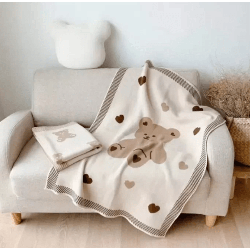 Knitted Baby Blanket in Cream and Brown with Teddy Bear & Hearts
