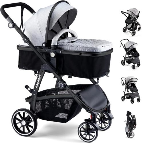 Baby Stroller, 2-in-1 Reversible ToddlerSeat with Lie-Flat Mode, Foldable Infant Stroller with Canopy, One Button Brake, Adjustable Handle, Newborn Pushchair (Gray B)