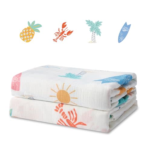 Muslin Swaddle Blankets for Newborn, 2-Pack Breathable Receiving Baby Blanket, Large 47 x 47 Inches Swaddling Wrap for Boys and Girls (Beach Fun)