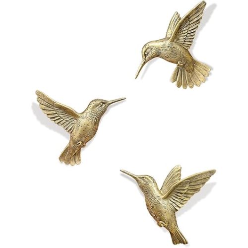 GUSFREUD 3D Hummingbird Wall Decor Set - Brass Resin Bird Wall Decor for Living Room, Bedroom and Gallery Walls - Vintage Gold - Set of 3