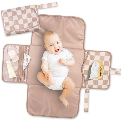 Tiny Twinkle Portable Diaper Changing Pad | Waterproof, Wipeable & Compact Baby Changing Pad for Travel | Smart Wipes Pocket & Organized Storage| Newborn Shower Gift (Beige Checkers)