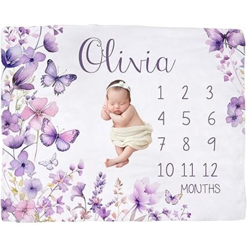 Personalized Baby Milestone Blanket for Girls - Custom Newborn Blanket with Name, Butterfly Purple Monthly Baby Milestone Blanket for Girl, Baby Growth Milestone Monthly Blanket for Shower Gift