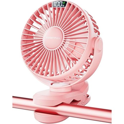 SWEETFULL Portable Clip on Fan - Battery Operated Stroller Fan, 4000mAh Small Rechargeable Fans with LED Display, 4 Speeds, Mini Personal Cooling Desk Cooler for Golf Cart Travel Camping Gym (Pink)