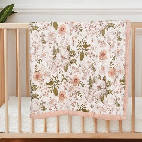 (Vintage Blossom) Little Jump 2 Layers Muslin Cotton Baby Blankets - Vintage Floral Toddler Quilt Crib Blanket - Gender Neutral Crib Blanket for Baby Boys and Girls 47"x 47" (Vintage Blossom)