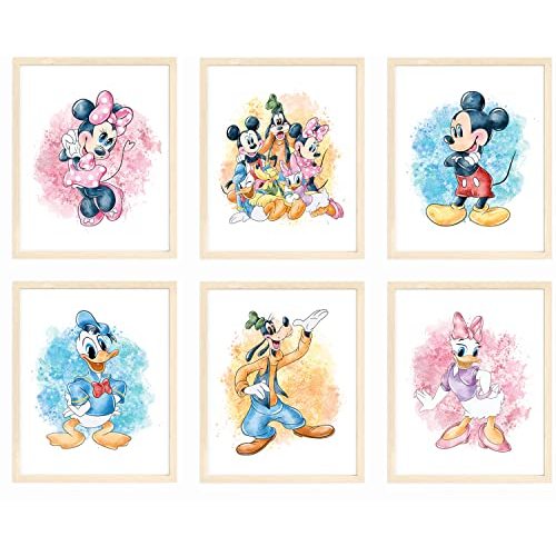 Nistio® Mickey Mouse and Friends Watercolor Prints, Mickey Mouse Wall Art Decor, Minnie Mouse Wall Prints, Set of 7, Donald Duck, Goofy, Pluto, Daisy Duck, 8x10 inches (Unframed)