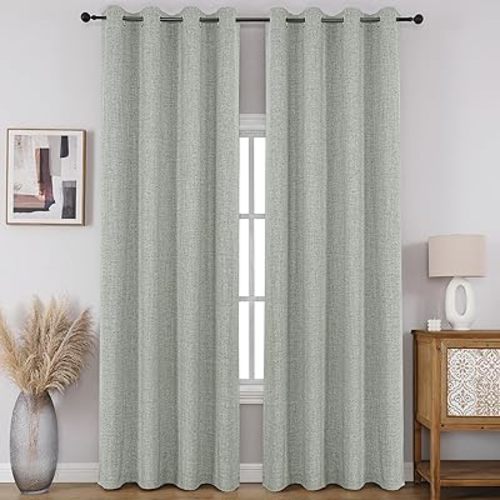 CUCRAF 100% Blackout Window Curtains 84 inches Long 2 Panels Set, Faux Linen Look Thermal Insulated Grommet Drapes, Room Darkening Curtain for Bedroom Living Room(W52 x L84 Inch, Grey Green)