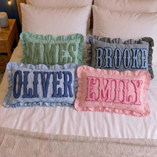 Custom Embroidered Monogram Pillow: Pink Ruffle Cushion for Preppy Room College Decor