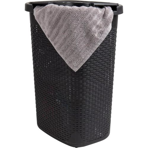 Mind Reader 60L Slim Laundry Hamper, Clothes Basket, Lid, Wicker Design, Plastic, 17.65"L x 13.75"W x 24.15"H, Black