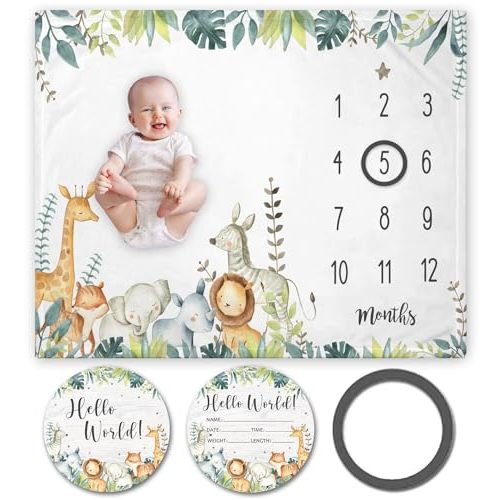 Safari Jungle Animals Baby Milestone Blanket with Birth Stat Sign (50"x40") | Jungle Animals Growth Chart Monthly Blanket, Watch Me Grow Safari Animals Baby Nursery for New Moms Shower