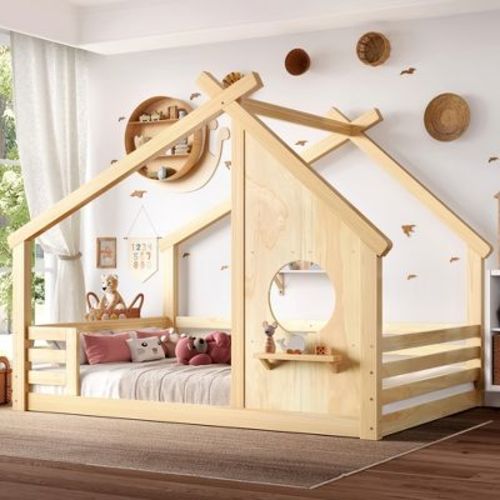 Full Montessori Bed Frame House Floor Bed, Platform Bed with Window, Built-in Shelf & House-Shaped Roof, Natural - ModernLuxe