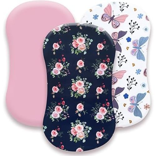 AMROSE 3 Pack Heavenly Soft Bassinet Sheets for Baby Girls, Universal Fitted for Various Cradle and Bassinet Mattress Pad, Silk Touch Gentle Breathable Microfiber, Floral & Butterfly