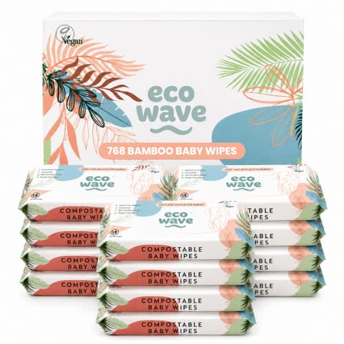 Eco Wave Bamboo Baby Wipes, Unscented, Sensitive Skin, Compostable | 768 Wipes, 99% purified water, Hypoallergenic, alcohol-free, non-toxic, vegan. Biodegradable.