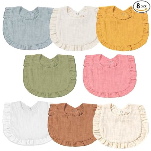 Muslin Baby Bibs - Soft 100% Cotton Drool Bandana Bibs for Baby Girls, 8 Solid Colors Set