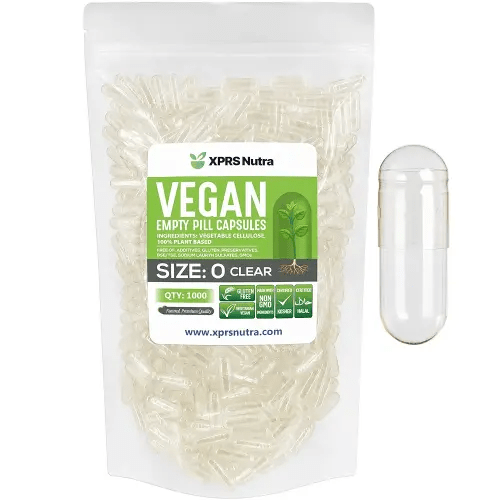 XPRS Nutra Size 0 Empty Capsules - 1000 Count Clear Empty Vegan Capsules - Vegetarian Pills - DIY Vegetable Capsule Filling - Veggie Pill Caps for Do-It-Yourself Supplements