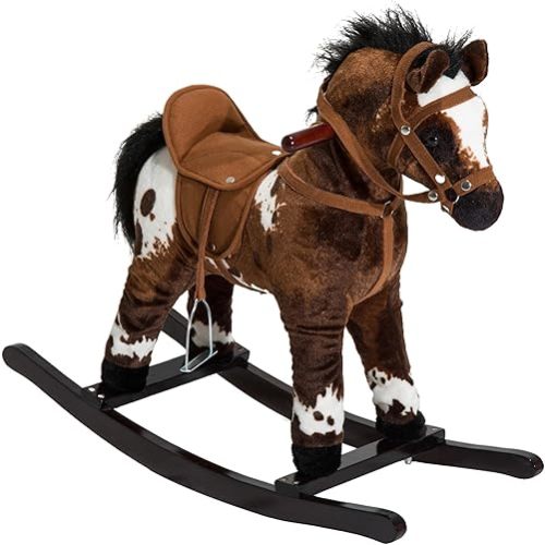 Qaba Kids Metal Plush Ride-On Rocking Horse Chair Toy with Realistic Sounds - Dark Brown/White
