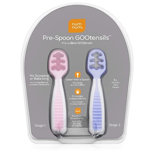 NumNum Pre-Spoon GOOtensils | Baby Spoon Set (Stage 1 + Stage 2) | BPA Free Silicone Self Feeding Toddler Utensils | For Kids Ages 6 Months+, 1-Pack, Two Spoons, Frosty Lilac/RoseBud - Frosty Lilac/Rosebud - 1 Pack (Two Spoons)