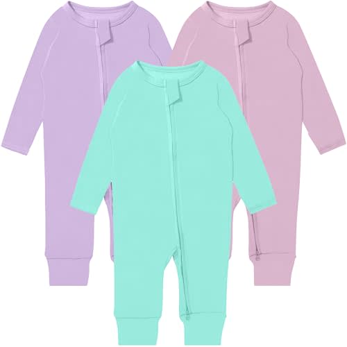 GUISBY Long Sleeve Cotton Pajamas Footless Baby Bodysuits with Zipper and Mittens 3-Pack for Boys Girls